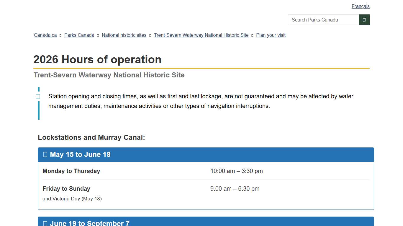 2026 Hours of operation - Trent-Severn Waterway National Historic Site
